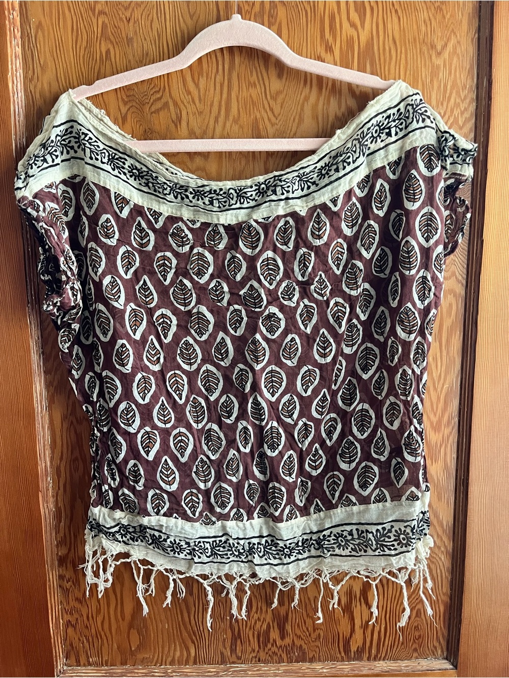 Ralph Lauren Brown Leaf-Print Fringe Boatneck Top with Cream Trim